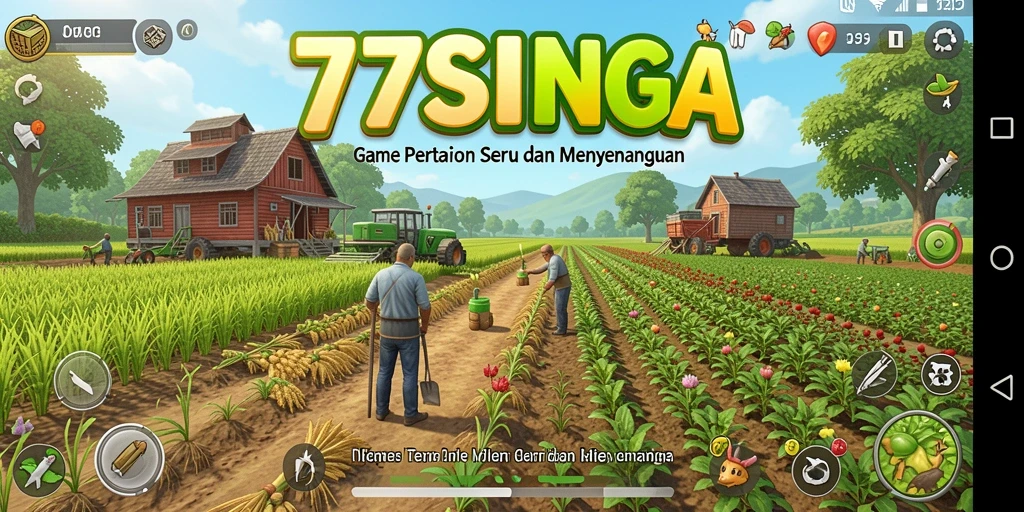 Screenshot utama 77SINGA menampilkan suasana pertanian yang cerah dan berwarna.