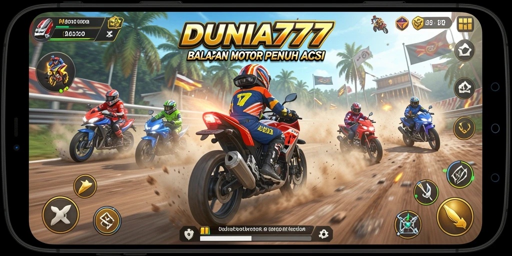 Tangkapan layar gameplay DUNIA777 menampilkan aksi balap motor yang intens.